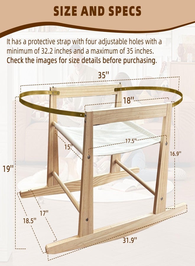 Calvana Wooden Rocking Basket Stand Compatible with Moses Baskets for Newborns, Locking Mechanism & Adjustable Strap, Natural Wood, 35" x 18.5" x 19", Basket Not Included - Image 2